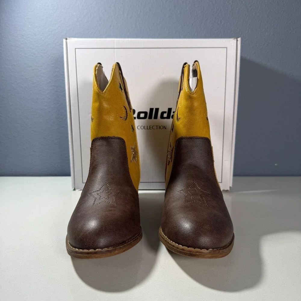 Rollda Girls Cowboy Boots Yellow Brown Stars‎ Moon Sparkle Size 4